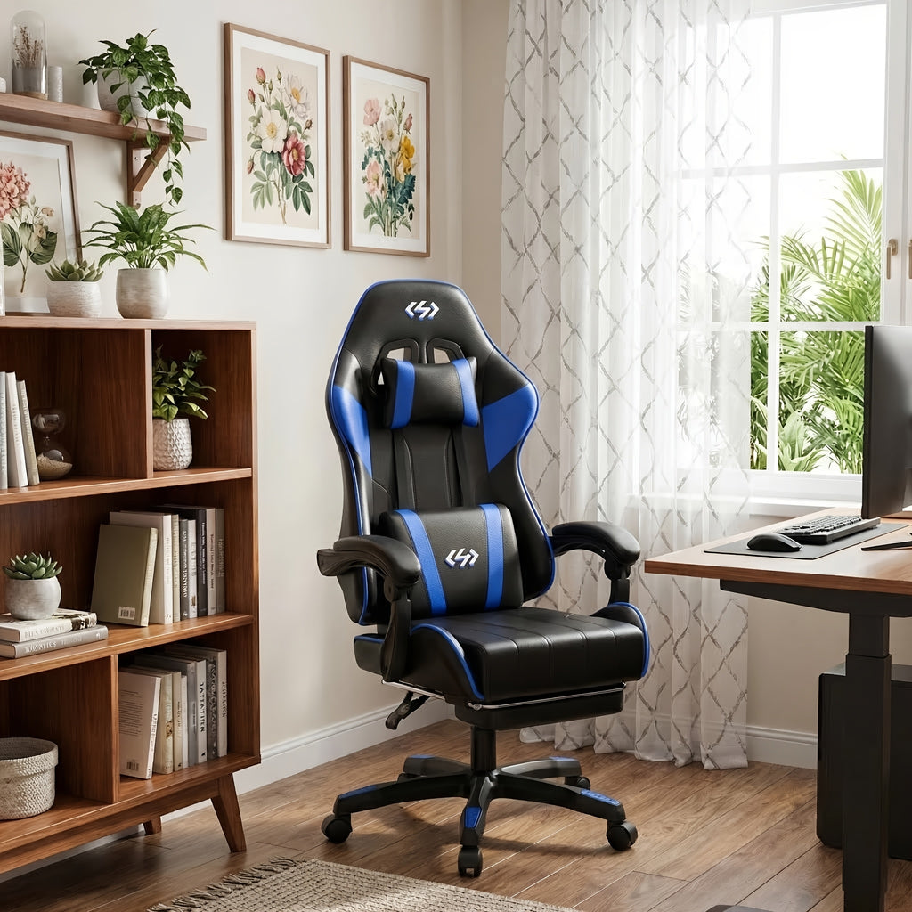 Silla de gaming ergonómica con acolchado de resorte ultrasuave, silla de oficina con reposacabezas y soporte lumbar, ángulo de inclinación y reposapiés ajustables, hecha de piel sintética duradera, regalos para novio