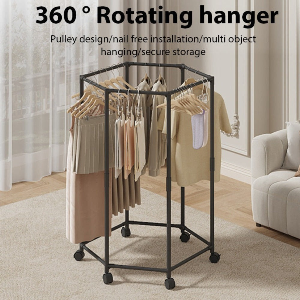 Perchero hexagonal giratorio con ruedas - Colgador de pie giratorio 360°, estructura de metal resistente, diseño portátil que ahorra espacio para lavadero, exhibición de boutique y almacenamiento en el hogar, perchero para ropa, construcción duradera con