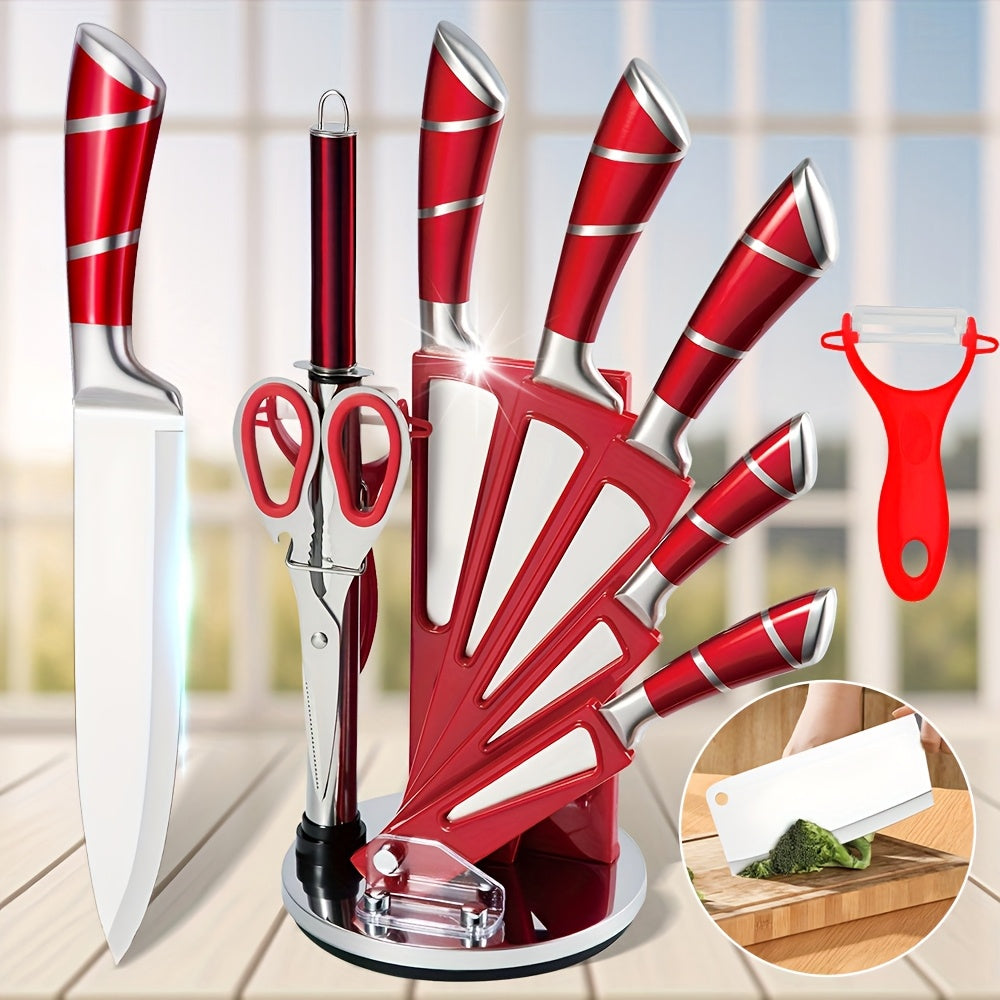 Juego de cuchillos de cocina | Juego de 9 cuchillos de cocina con soporte, cuchillos de acero inoxidable, resistentes y duraderos, juego de
