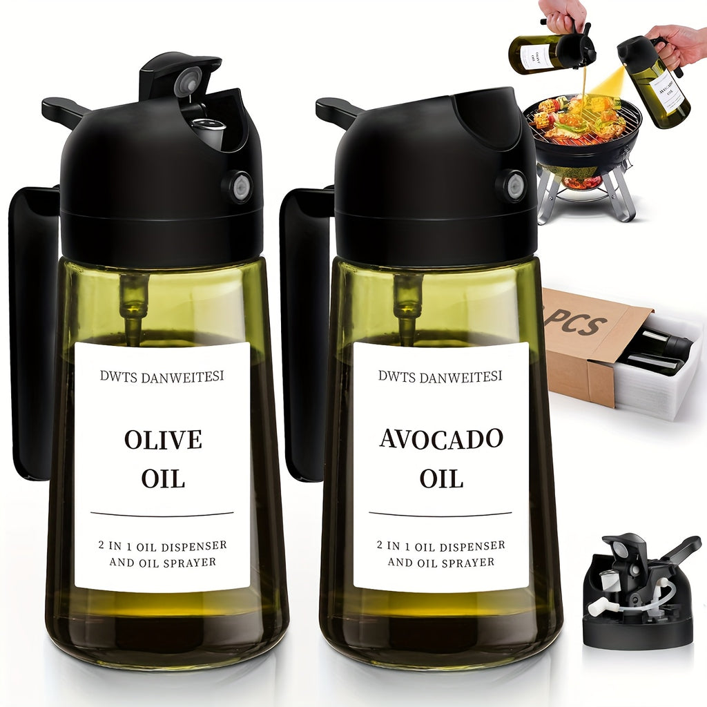 Juego de 2 pulverizadores de aceite de oliva de vidrio, cada uno de 16Oz/470Ml, perfectos para cocinar, utensilios de cocina y complementos para freidoras de aire, incluye botellas dispensadoras para ensaladas y parrillas, en color negro