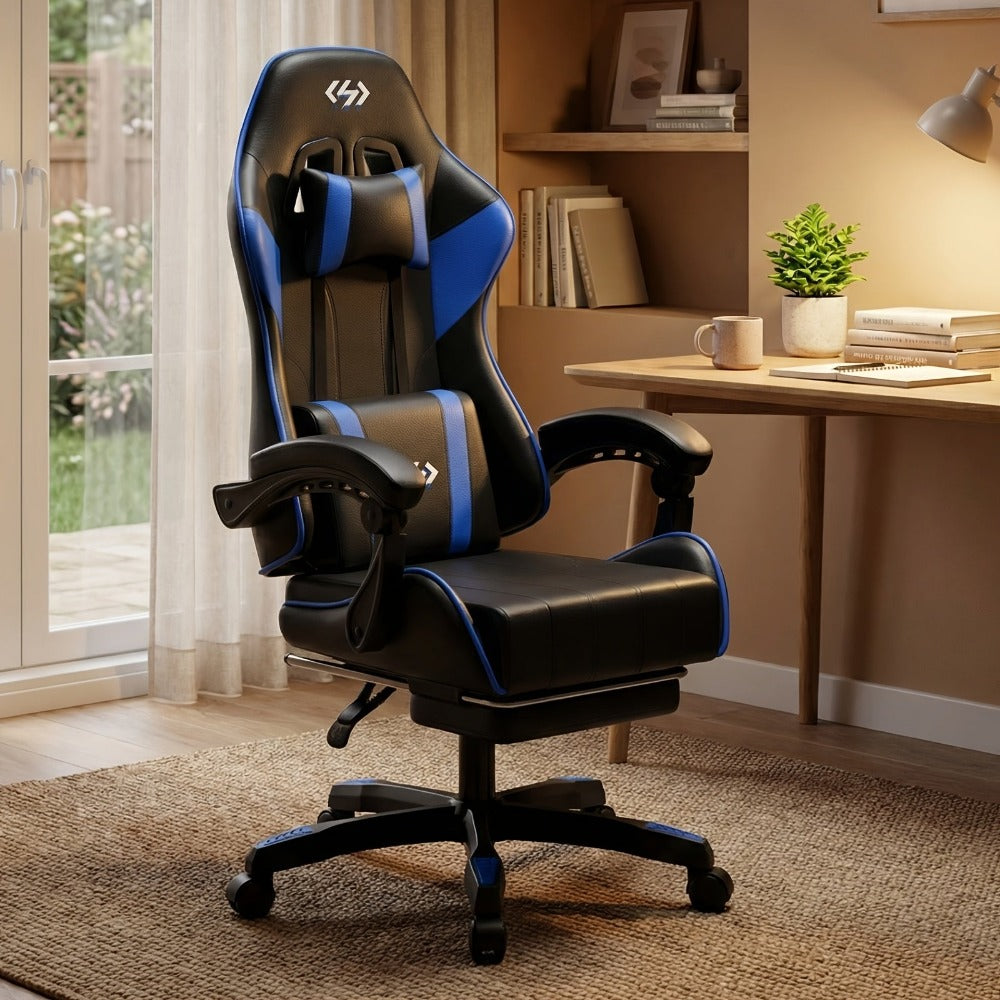 Silla de gaming ergonómica, silla de oficina con altura y respaldo ajustables, silla de oficina para computadora con soporte lumbar, reposapiés y reposacabezas, silla de gaming giratoria 360° con reposabrazos articulados