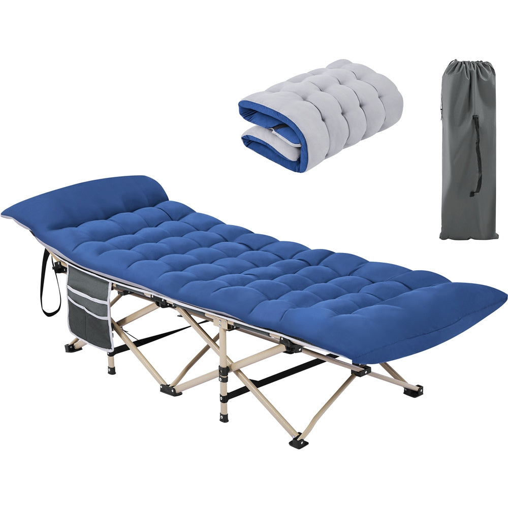 Cama de camping plegable con colchón, tumbona de jardín, cama de invitados con bolsillo lateral y bolsa de transporte para vacaciones en el jardín, oficina, interior y exterior.