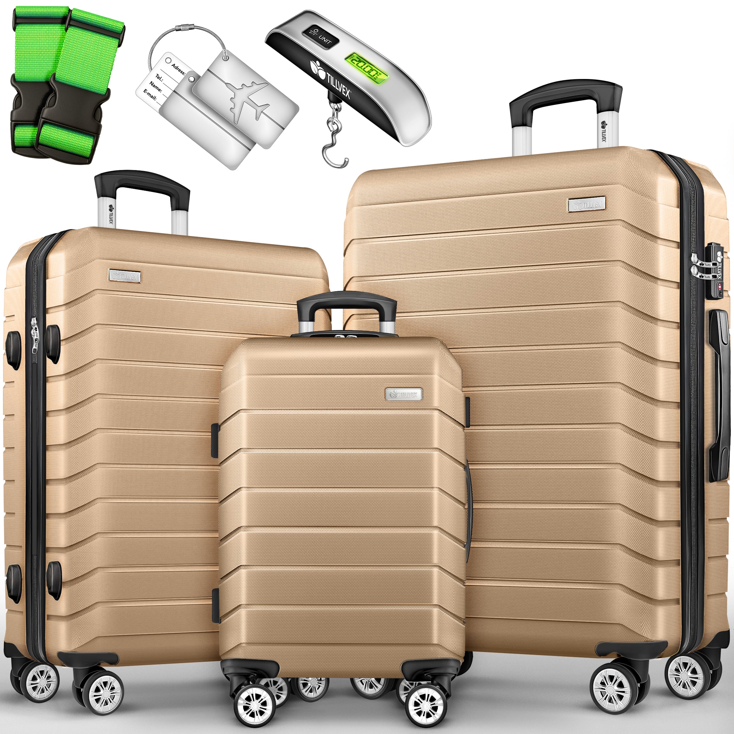 Tillvex® Juego de Equipaje de Viaje con Báscula, Correas y Etiquetas | Maleta de 4 Ruedas | Equipaje con Candado TSA | Juego de Maletas de Carcasa Dura