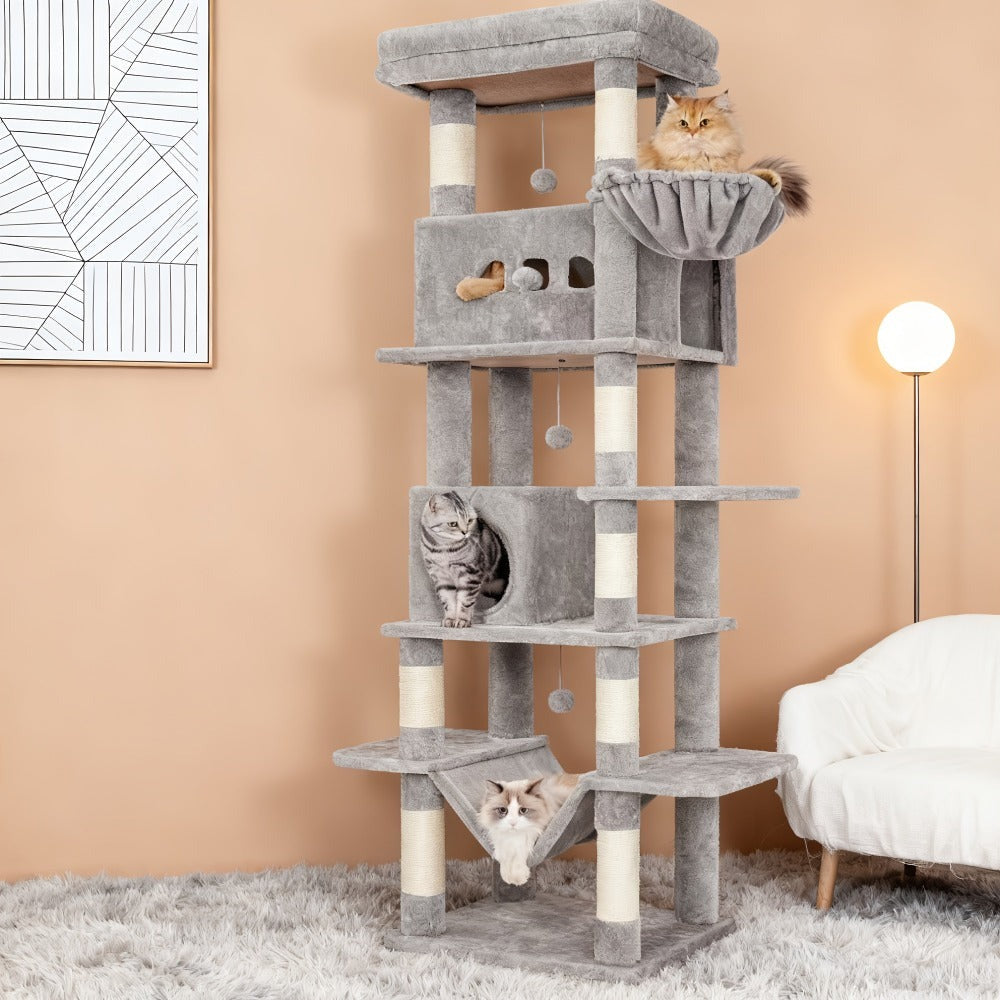 Árbol para Gatos de Interior, Torre Alta de 210 cm con Múltiples Niveles, Casa para Gatos, 8 Postes Rascadores, Hamaca y 4 Pompones