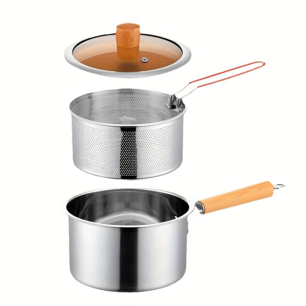 Juego de ollas de cocina multiusos con cesta para freír y tapa de cristal: cacerola antiadherente, freidora, olla para fideos, cacerola para leche, olla freidora de acero inoxidable, olla para cocinar pasta, apta para estufas de inducción y de gas, ideal