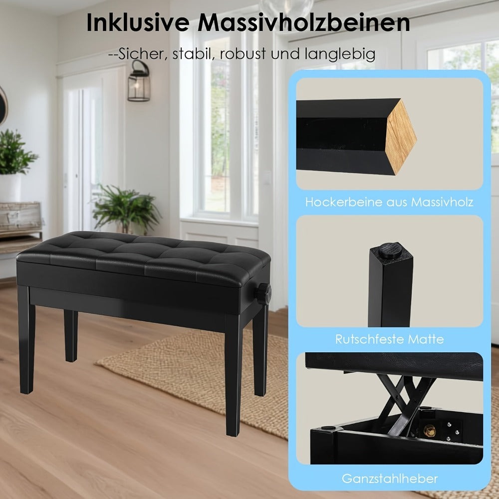Taburete de Piano Ajustable en Altura para 2 Personas, Silla de Piano con Espacio de Almacenamiento, Banco de Piano 73 x 35 x 48-58 cm, Banco de Piano con Cojín de Cuero PU, Taburete de Piano con Capacidad de Carga de hasta 200 kg, Banco de Teclado de Mad