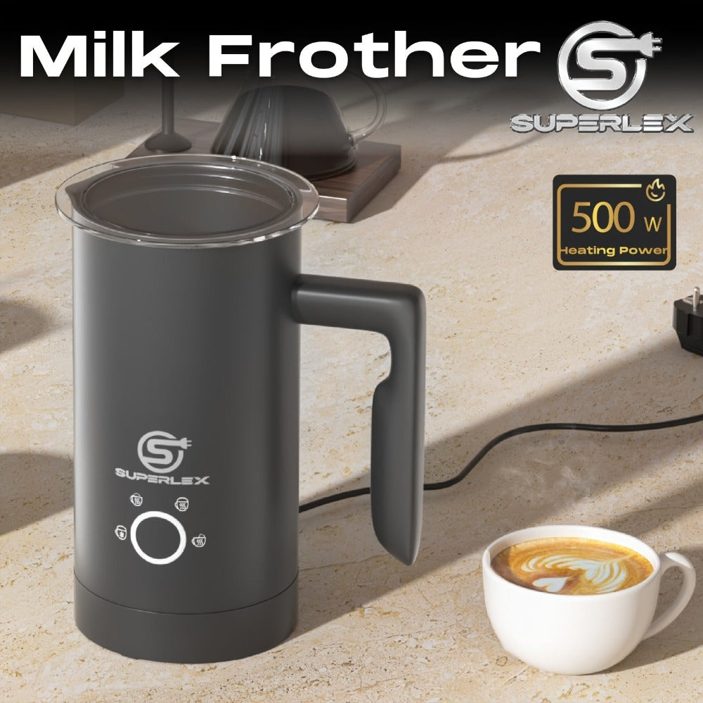 SUPERLEX Espumador de Leche Automático de 500 W con Función de Calentamiento - Espumador de Leche Eléctrico para Capuchino y Latte, Capacidad de 300 ml, Cámara Interior de Acero Inoxidable, Compacto