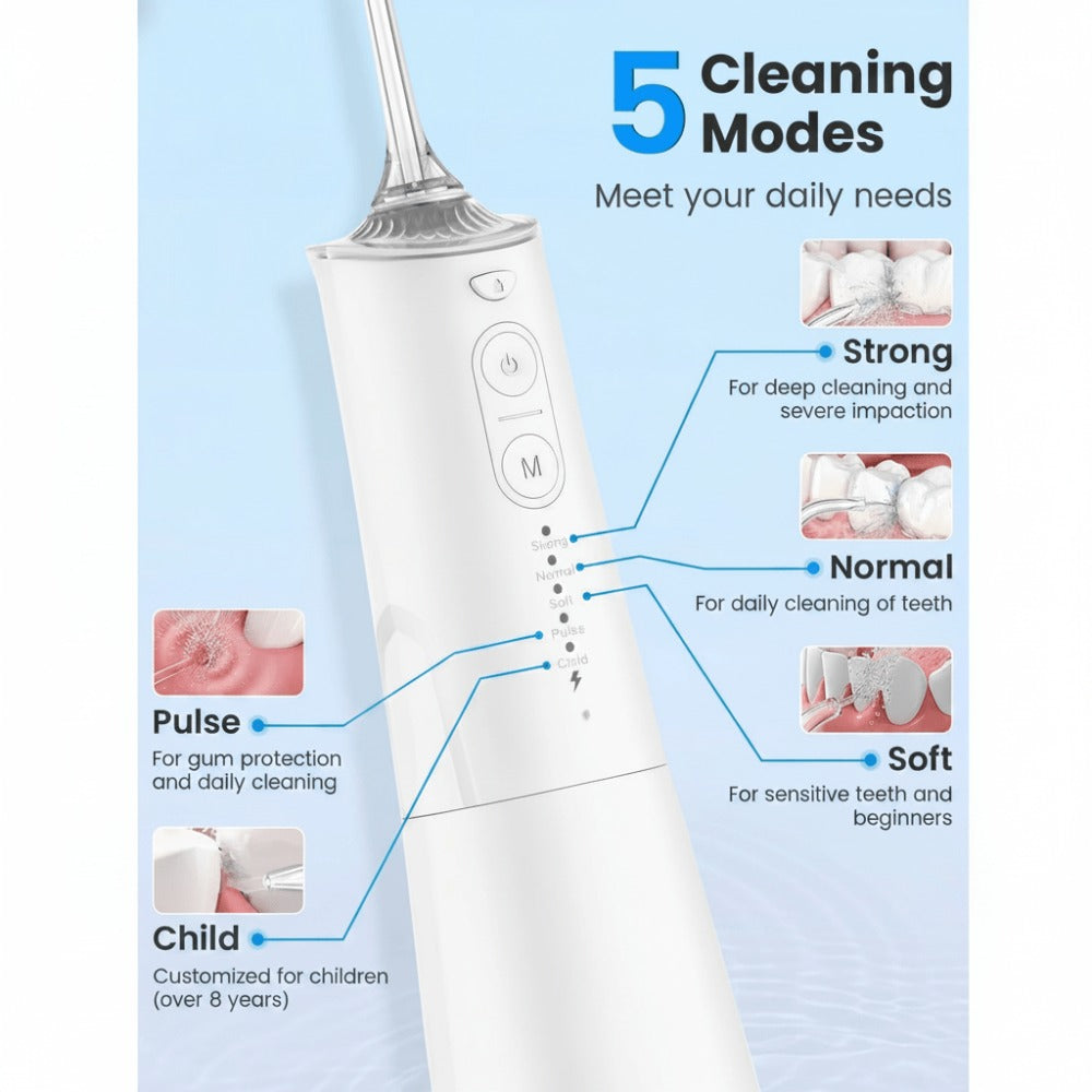 Irrigador bucal portátil recargable, hilo dental con agua para dientes, irrigador dental inalámbrico profesional 8 boquillas 5 modos, IPX7 a prueba de agua 300ML para limpiar los dientes, hogar y viaje