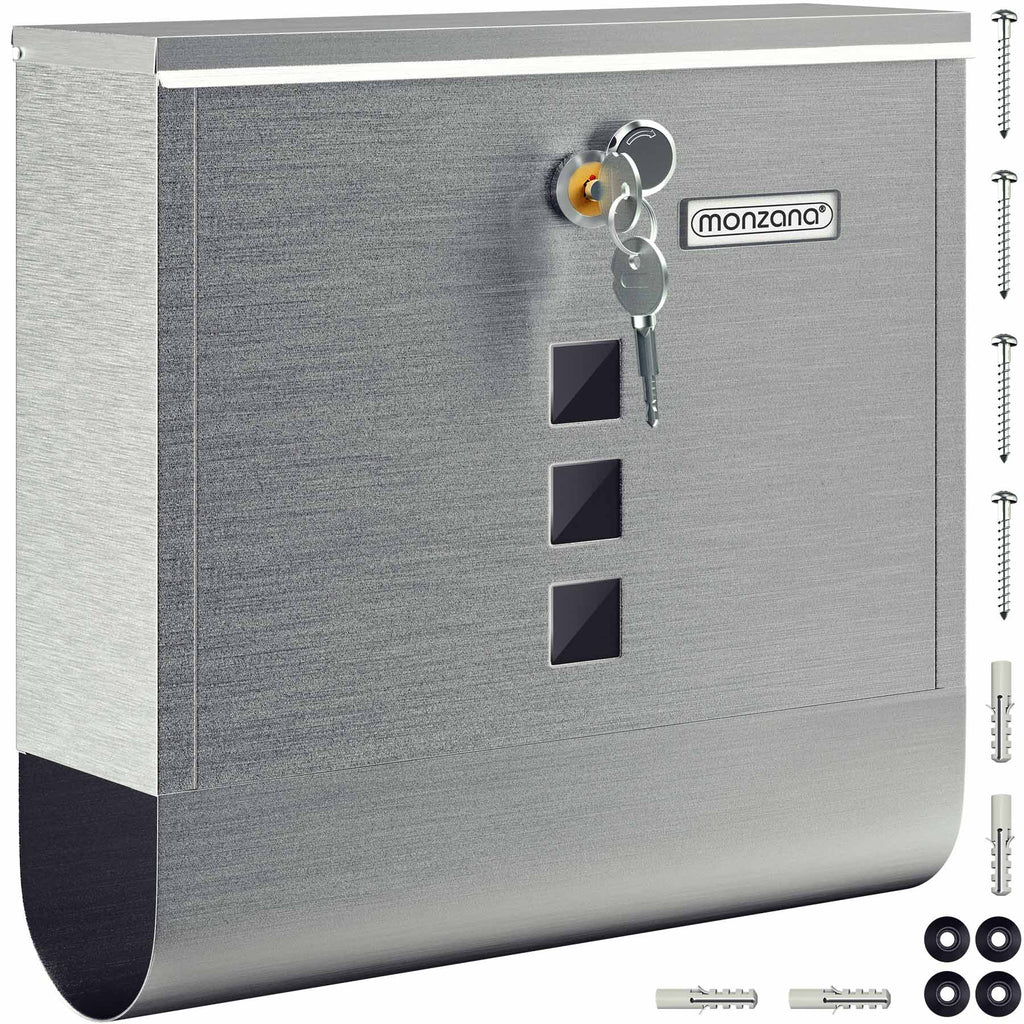 Buzón MONZANA® con Cerradura Cruzada, Cilindro de Cobre, Tapa Giratoria, 31x10x34 cm, Ventana de Visualización, Placa de Identificación, Compartimento para Periódicos, Fácil Instalación, Acero Aleado, 2 Llaves, Caja de Correo