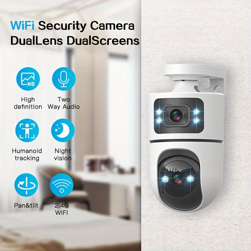 Cámara IP Inalámbrica de Doble Lente, Cámara de Seguridad PTZ para Exteriores con WiFi 2.4G, Pantalla Dual, Seguimiento Automático, Visión Nocturna, Audio Bidireccional, Detección de Movimiento para Seguridad en Hogar, Calle y Monitoreo