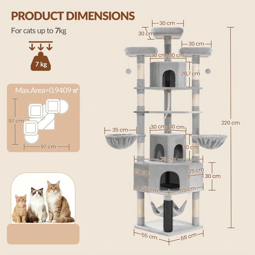 Árbol para gatos de 220 cm de varias capas con 3 casitas para gatos, 3 plataformas, 3 hamacas, 8 postes de sisal, 1 bola de pelo y 1 cuerda de sisal
