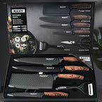 Juego de 6 cuchillos de cocina profesionales, que incluye un cuchillo de chef, un cuchillo para rebanar, un raspador y tijeras, fabricados con acero inoxidable de alto carbono para una afilada excepcional, con un mango ergonómico de madera que evita el pe