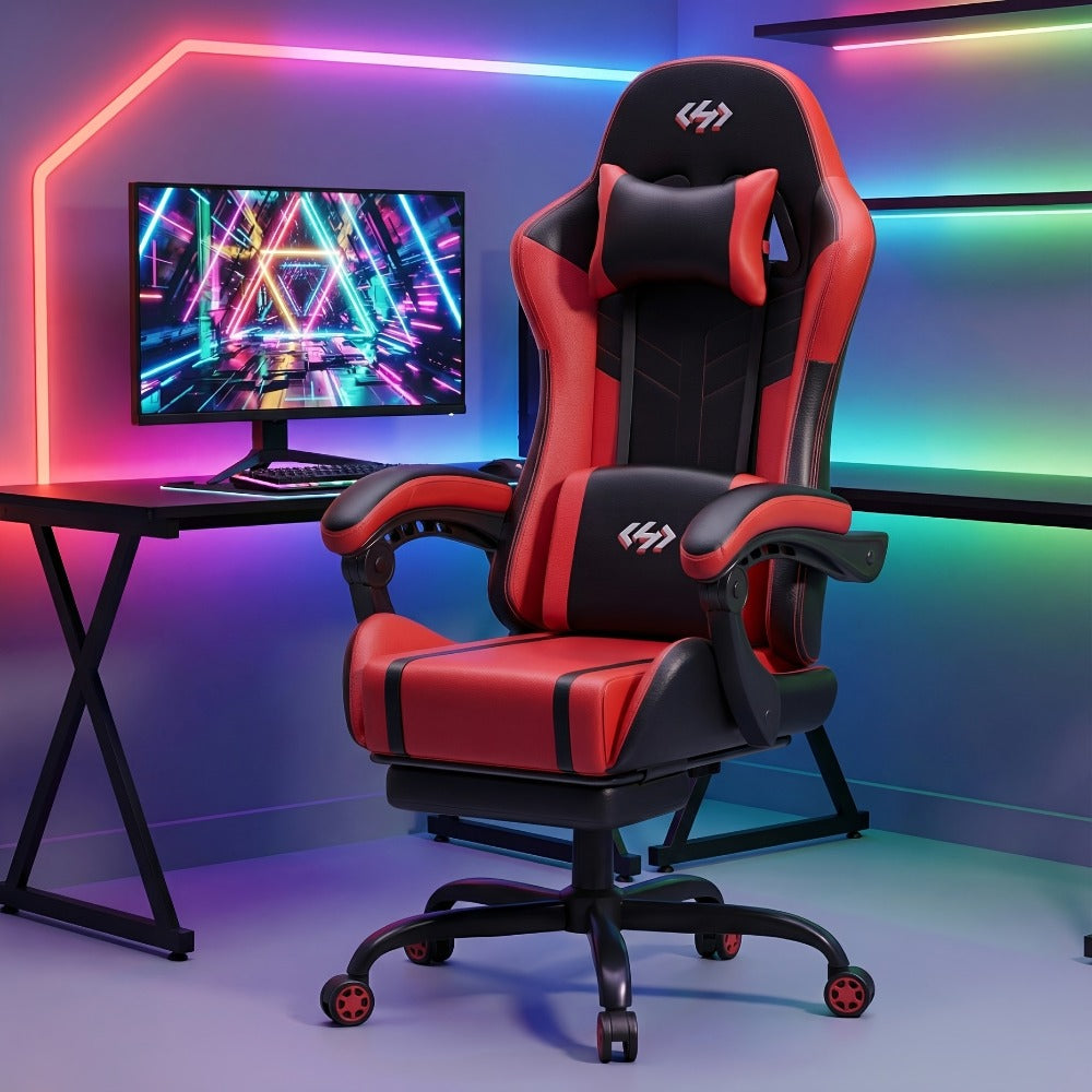 Silla Gaming con Masaje Lumbar Incorporado, Diseño Ergonómico Soporte Lumbar Ajustable y Reposacabezas, Silla de Computadora Giratoria de 360 Grados Reclinable para Oficina, Ideal para Juegos/Trabajo de Larga Duración