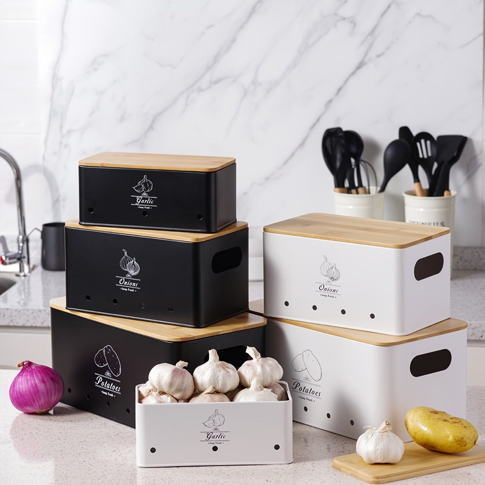 Juego de 3 Contenedores para Almacenar Patatas, Cebollas y Ajo | Conservador de Frescura de Alimentos a Prueba de Humedad y Brotes | Organizador de Cocina Ventilado de Grado Alimenticio | Cajas para Almacenar Verduras | Esencial para el Despensa del Hogar