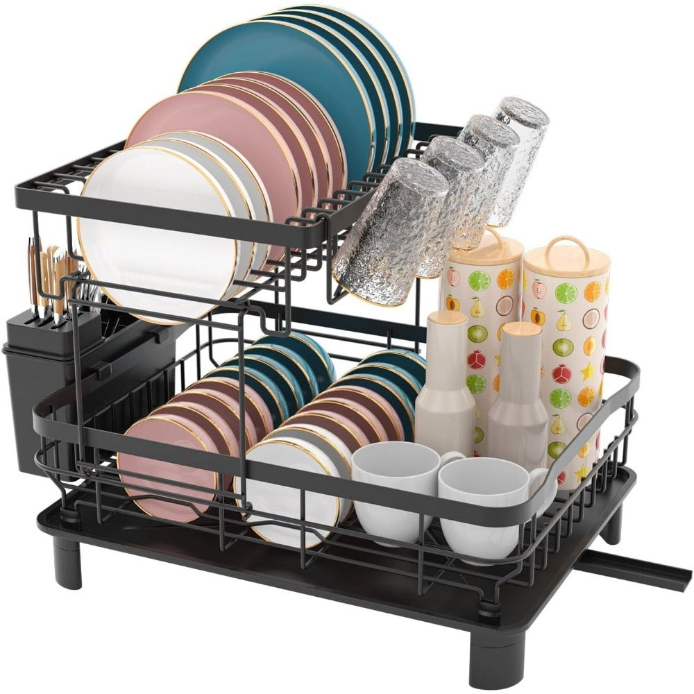 Estante de Platos de Doble Capa, Escurridor de Platos con Plato de Drenaje y Boquilla Giratoria, Estante de Platos con Organizador de Cubiertos y Portavasos - Regalo Perfecto para Mujeres, Esposa, Día de la Madre, Accesorio de Cocina