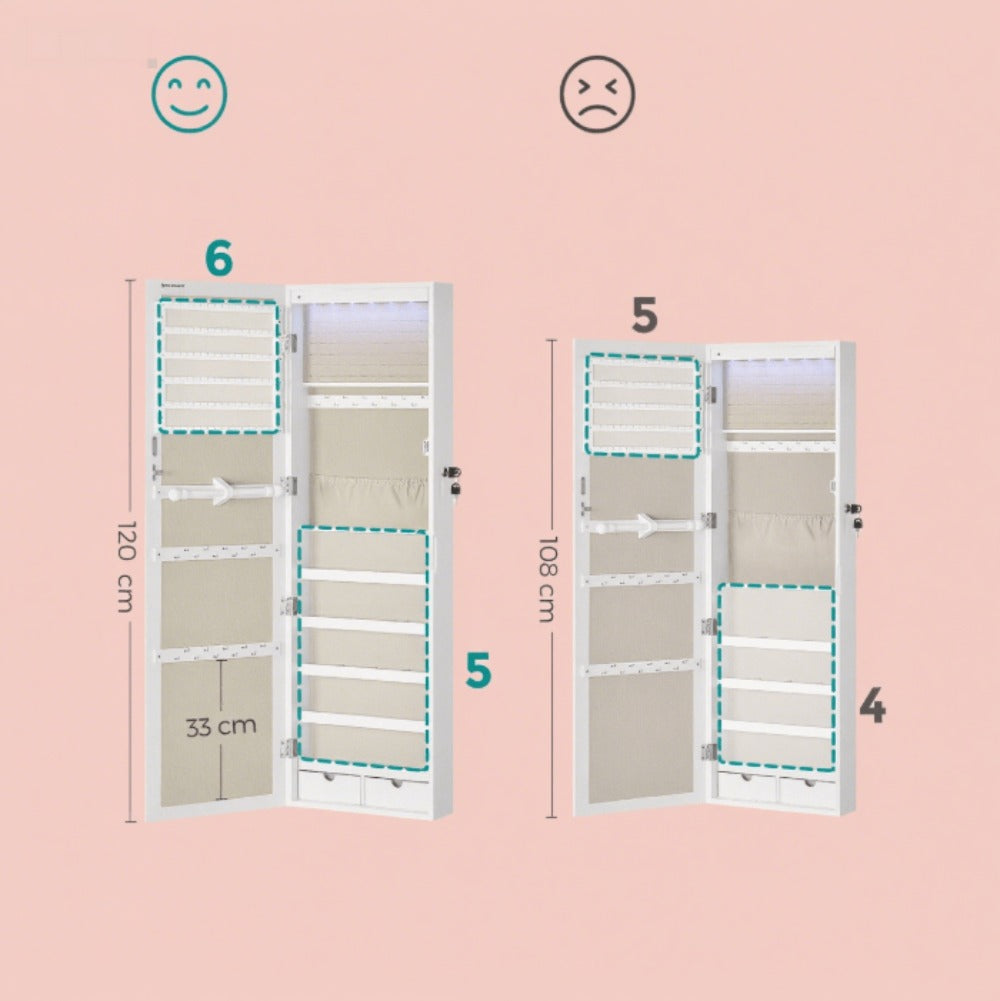 Armario Joyero Con Espejo, Joyero Para Pared O Puerta, Con Cerradura, 2 Cajones, 10 X 37 X 120 Cm, organizador pulseras collares pendientes anillos, diseño moderno accesorios joyas decoración dormitorio elegante, Regalos de Festivos, Regalos de Navidad