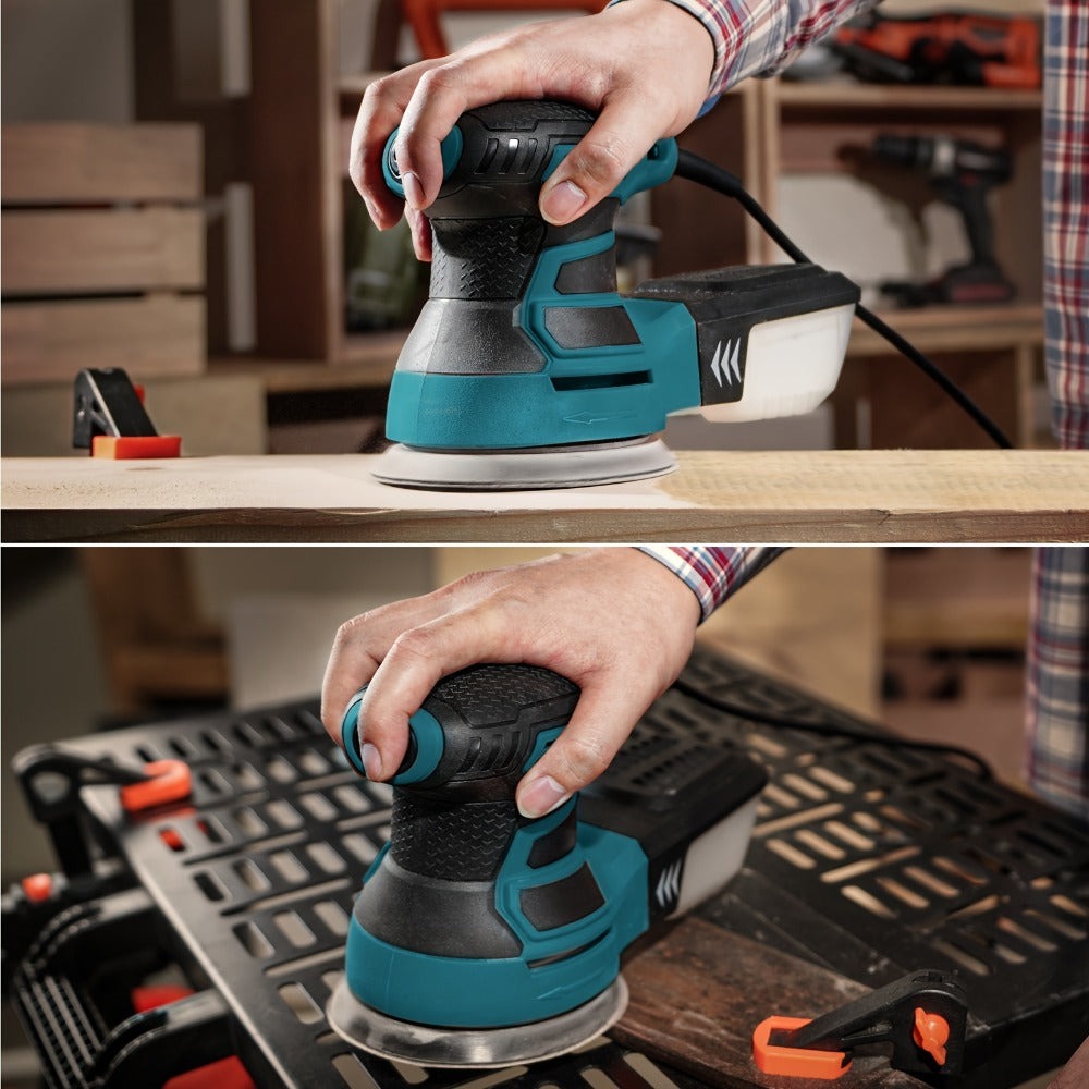 Lijadora orbital aleatoria de 385 W, 6 velocidades ajustables, 13000 RPM, 12 lijas, disco de 125 mm, extracción de polvo, ideal para madera y superficies