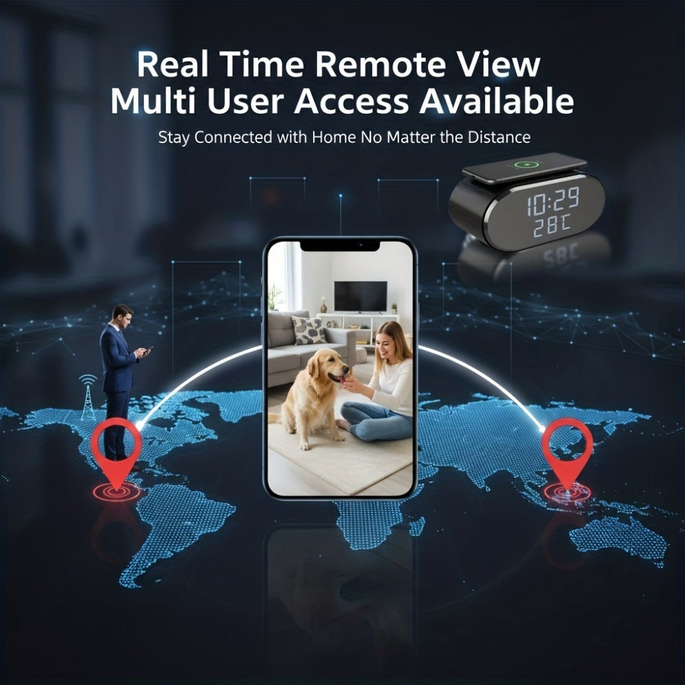Cámara de seguridad inalámbrica despertador 4K con detección de movimiento, compatible con visualización remota en tiempo real por WIFI, notificaciones de alarma por aplicación y correo electrónico, compatible con Android e IOS, carga USB, incluye tarjeta