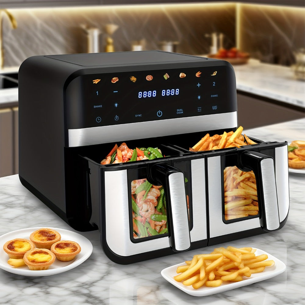 Freidora de aire de 9L con doble puerta y doble compartimento (4.5L+4.5L) - Calentamiento rápido de 2400W, ajustes preestablecidos inteligentes 8 en 1 (aves, pescado, pizza, pan), interfaz tipo pantalla táctil, temporizador de 60 min, control de temperatu