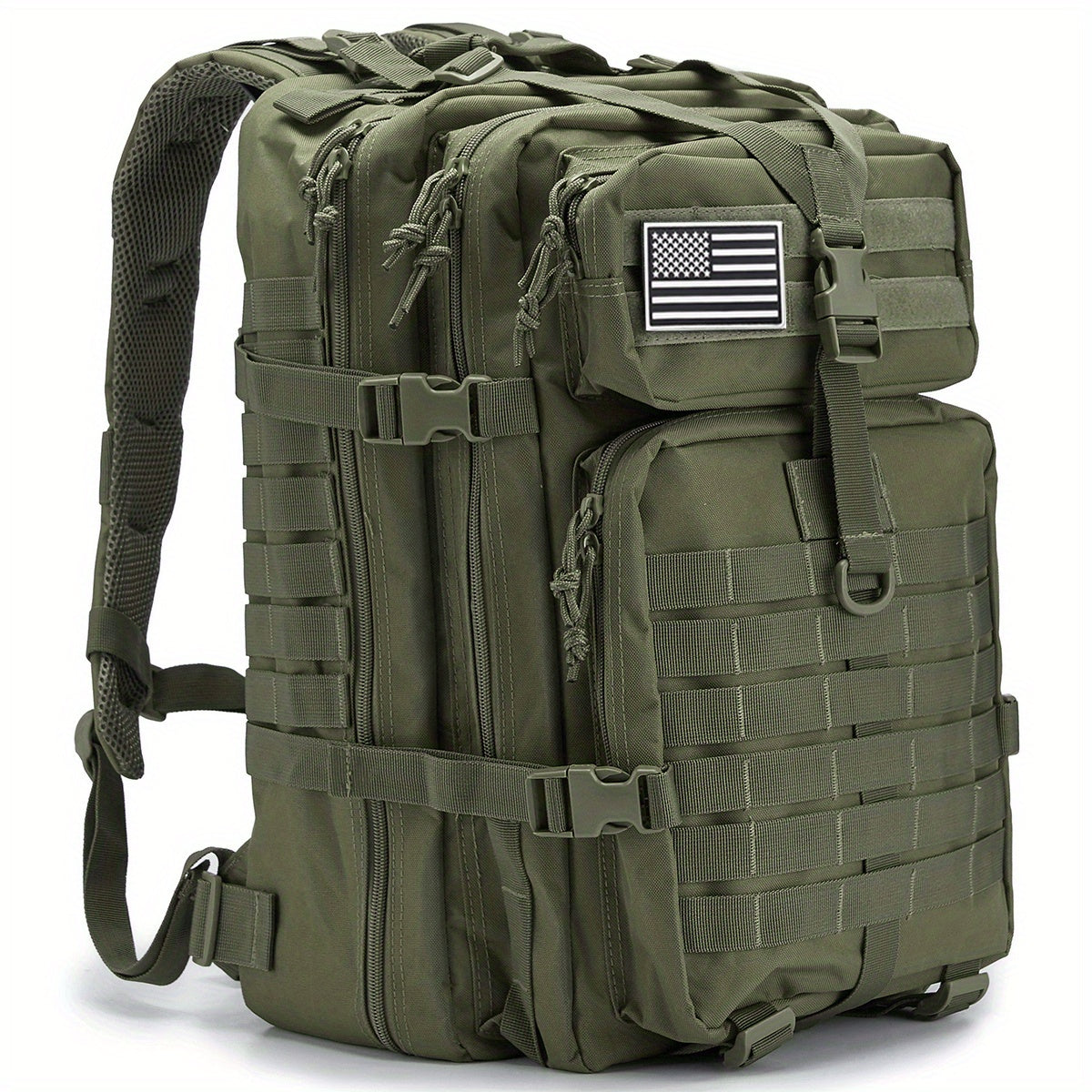 Mochila Espaciosa de 45L con Sistema MOLLE - Poliéster Duradero, Diseño de Capa Suave con Múltiples Compartimentos y Correas Acolchadas para los Hombros, con Parche de la Bandera Americana - Ideal para Senderismo de 3 Días, Trekkings, Bolsa de Emergencia,