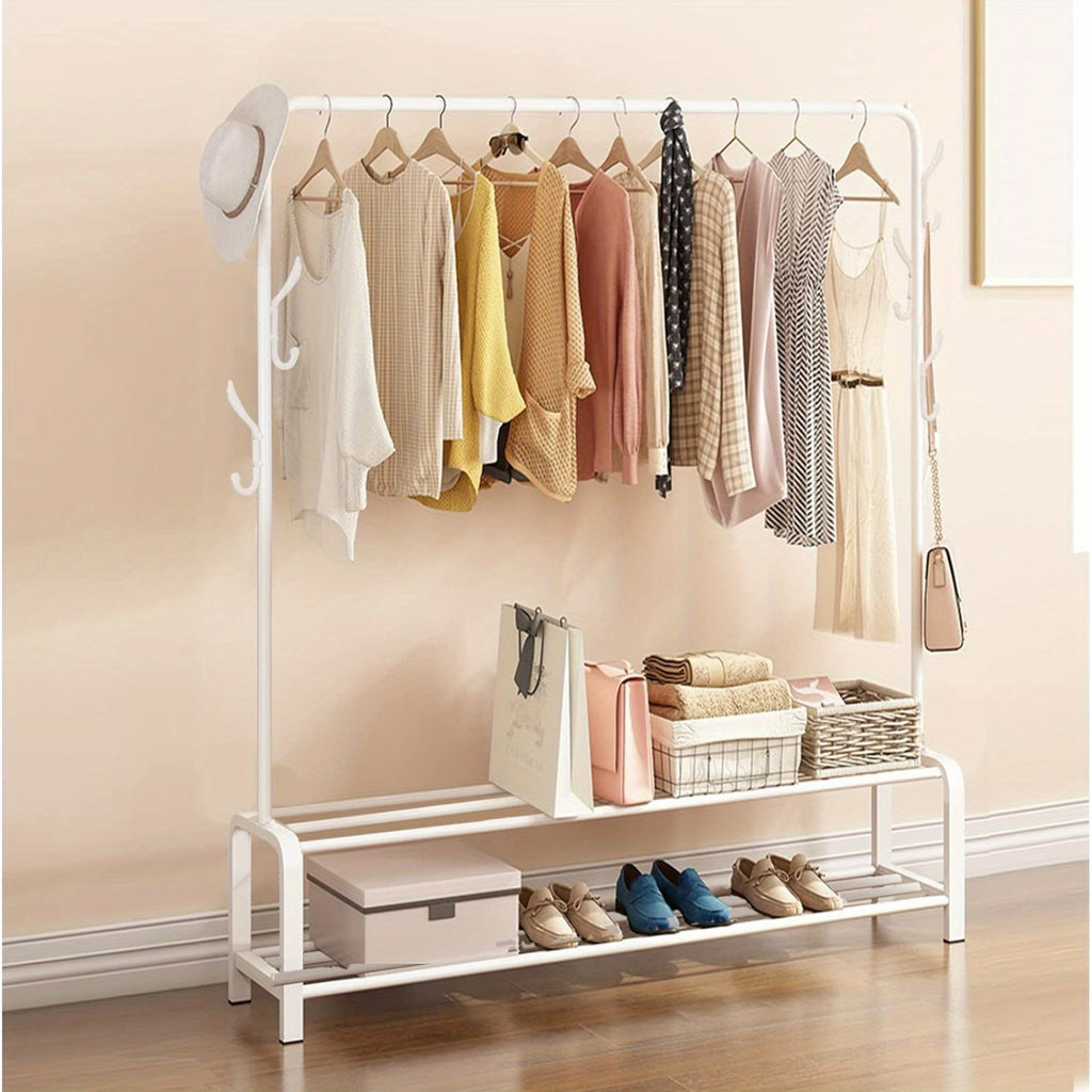 Barra para ropa multifuncional para dormitorio, barra metálica para colgar ropa resistente, perchero, estante para guardar ropa y zapatos