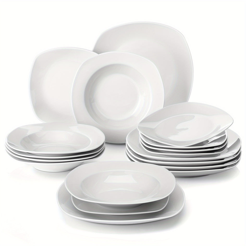 Juego de platos de 18 piezas con 6 platos de cena/plato de sopa/plato de postre, juego de vajilla de porcelana blanca gris claro para 6 personas