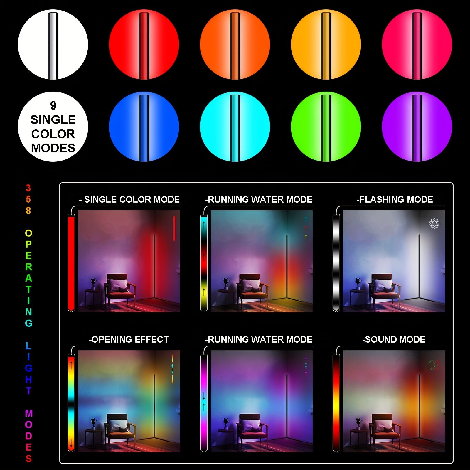 Lámpara de pie de esquina de 1/2 piezas, lámpara de pie LED de cambio de color, ajustable de 56 pulgadas (aprox. 142 cm) con sincronización de música, lámpara de esquina de iluminación ambiental moderna, con control remoto y por APP, modo creativo DIY y t