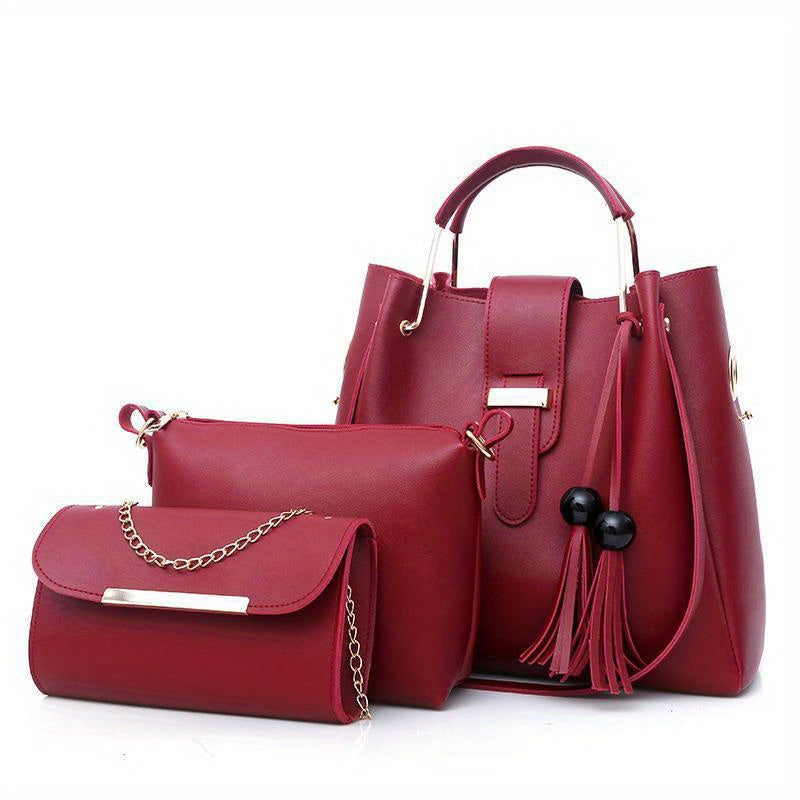 Conjunto de 3 bolsos de moda y versátiles para mujer con borlas de perlas, bolso tote de gran capacidad, bolso de mano exquisito y ligero, que satisface las necesidades del desplazamiento diario y los viajes, ideal para regalos de cumpleaños