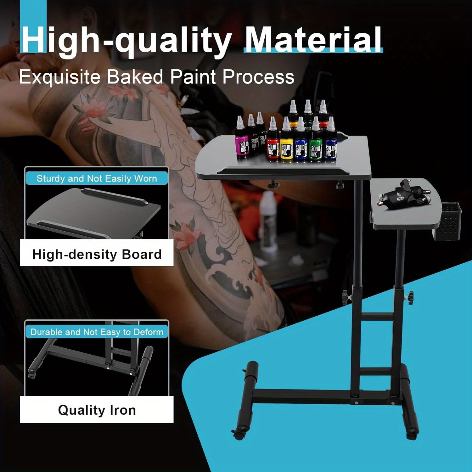 Estación de trabajo para tatuajes con soporte para reposabrazos, estación de trabajo móvil para tatuajes con altura ajustable, soporte rodante con bandeja portátil, suministro de equipo de dibujo para artista de tatuajes de estudio