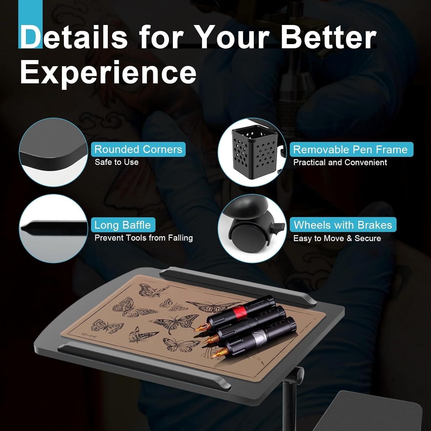 Estación de trabajo para tatuajes con soporte para reposabrazos, estación de trabajo móvil para tatuajes con altura ajustable, soporte rodante con bandeja portátil, suministro de equipo de dibujo para artista de tatuajes de estudio