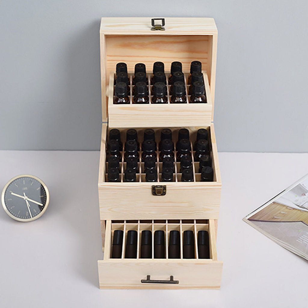 Caixa de Almacenamiento de Aceites Esenciales de Madera de 3 Capas, Caja con 59 Compartimentos para Aceites Esenciales, Contenedor de Madera para Esmalte de Uñas y Aceites Aromáticos, Caja con 59 Agujeros que Sostiene Botellas de 15 ml y 10 ml