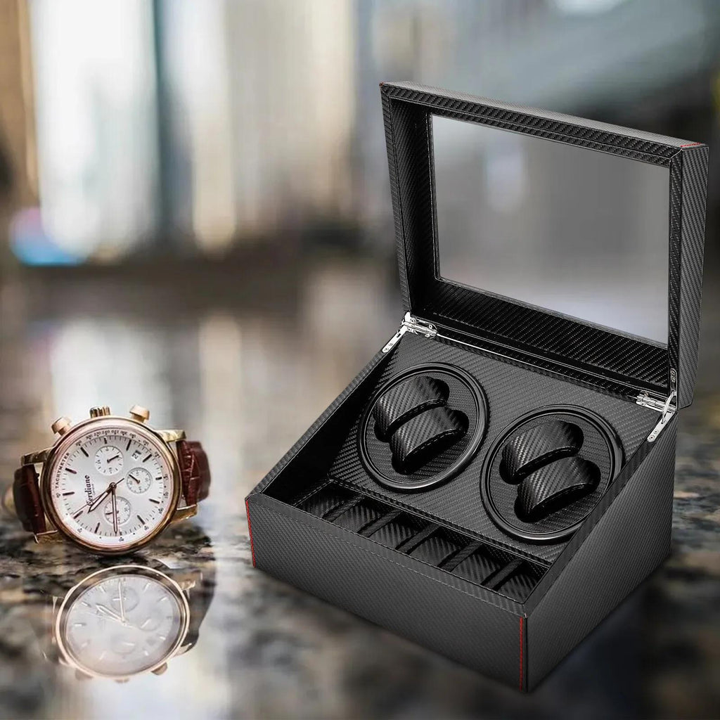Caja de giro automático RIBASUBB - Diseño de fibra de carbono, 4+6 compartimentos para almacenamiento seguro, negro con acentos rojos, compacta y duradera para relojes y joyas, caja de giro para relojes, organizador de joyas, elegante estuche de accesorio