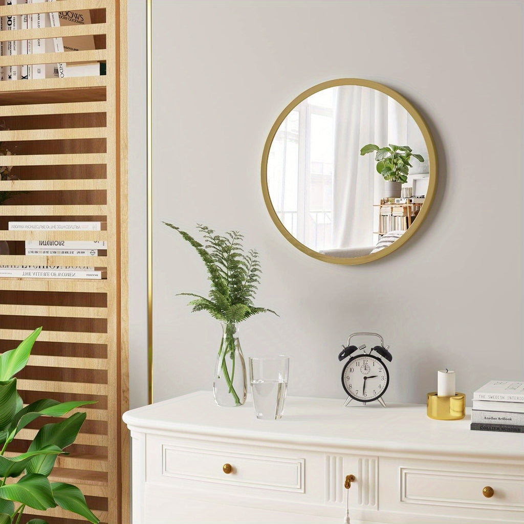 Espejo de pared redondo, espejo redondo, espejo colgante moderno para baño, dormitorio, sala de estar, pasillo, espejo de tocador decorativo hecho de vidrio, metal, gancho de MDF