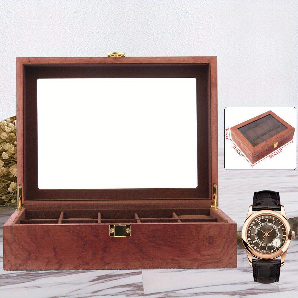 Reloj de joyería, caja de exhibición de madera, caja de almacenamiento de 10 ranuras, grano de roble, regalo.