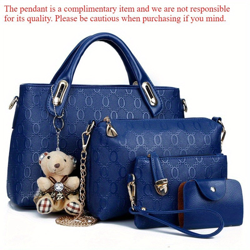 Juego de 4 piezas de bolso para mujer de moda retro con relieve, bolso tote simple de gran capacidad, bolso cruzado casual y versátil de un solo hombro, un colgante de oso al azar, bolso de mano portátil, monedero, adecuado para desplazamientos diarios, v