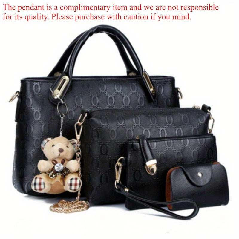 Juego de 4 piezas de bolso para mujer de moda retro con relieve, bolso tote simple de gran capacidad, bolso cruzado casual y versátil de un solo hombro, un colgante de oso al azar, bolso de mano portátil, monedero, adecuado para desplazamientos diarios, v