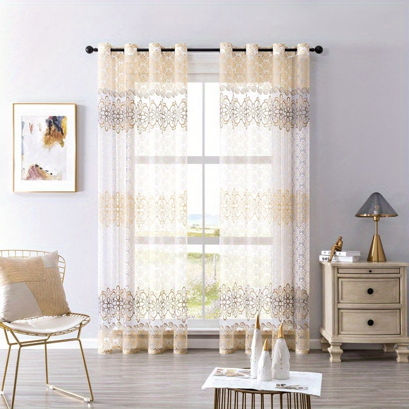 2pcs Cortinas Florales Elegantes con Ojales en la Parte Superior - Poliéster Semi-Transparente, Lavables a Máquina para Sala de Estar, Dormitorio, Decoración de Oficina