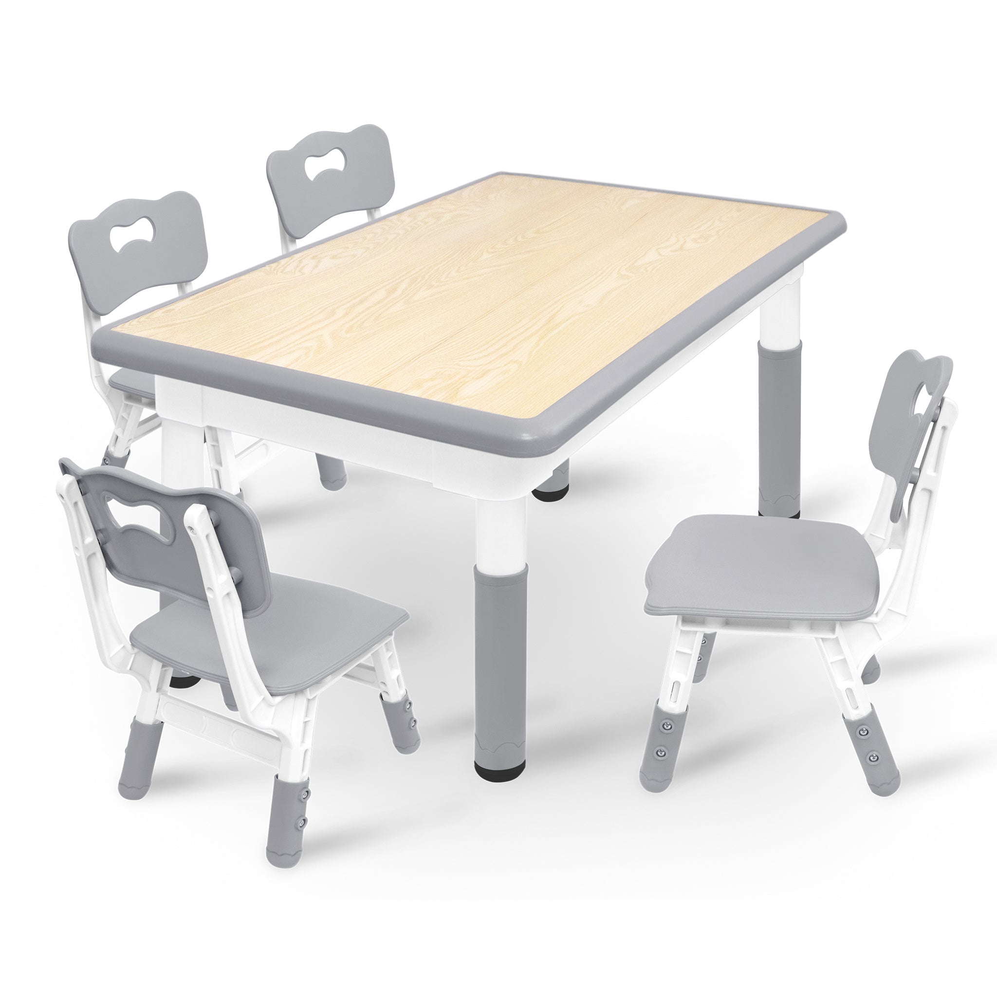 Una mesa acompañada de cuatro sillas, con un diseño de altura ajustable, ideal para una oficina y una mesa de aula que es fácil de limpiar.
