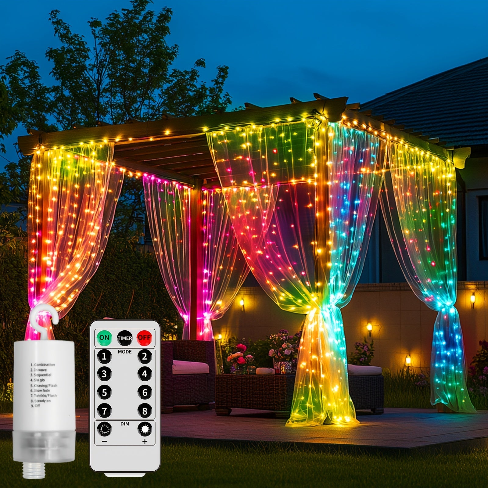 Cortina colgante de cielo estrellado con luces LED en cascada, a pilas, 3.35 metros x 3.35 metros, control remoto de precisión, múltiples modos, regulable, para bodas, luz de ventana de piso a techo, luz decorativa de lujo, para dormitorio, porche, cenado
