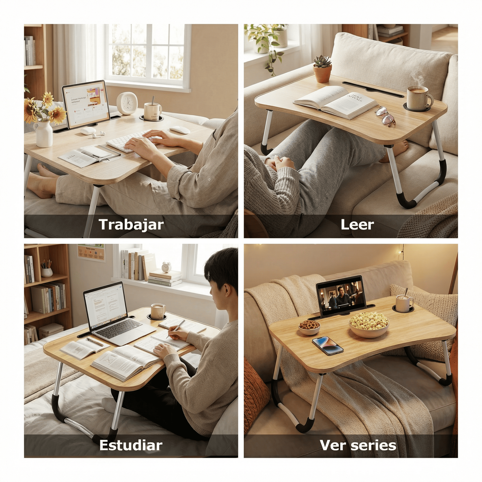Mesa plegable para cama y sofá con portavasos, mesa auxiliar multifunción con atril para leer en la cama, bandeja multifunción para ordenador, libros, trabajo y estudio en casa (50x30x22cm)