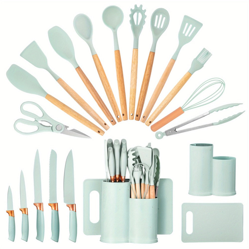 Juego de 19 piezas de cuchillos de cocina modernos y utensilios de cocina - Colección de hojas profesionales con mangos ergonómicos - Accesorios de cocina de alta calidad con soporte de almacenamiento - Herramientas de corte de espiga completa y esenciale