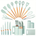 Juego de 19 piezas de cuchillos de cocina modernos y utensilios de cocina - Colección de hojas profesionales con mangos ergonómicos - Accesorios de cocina de alta calidad con soporte de almacenamiento - Herramientas de corte de espiga completa y esenciale