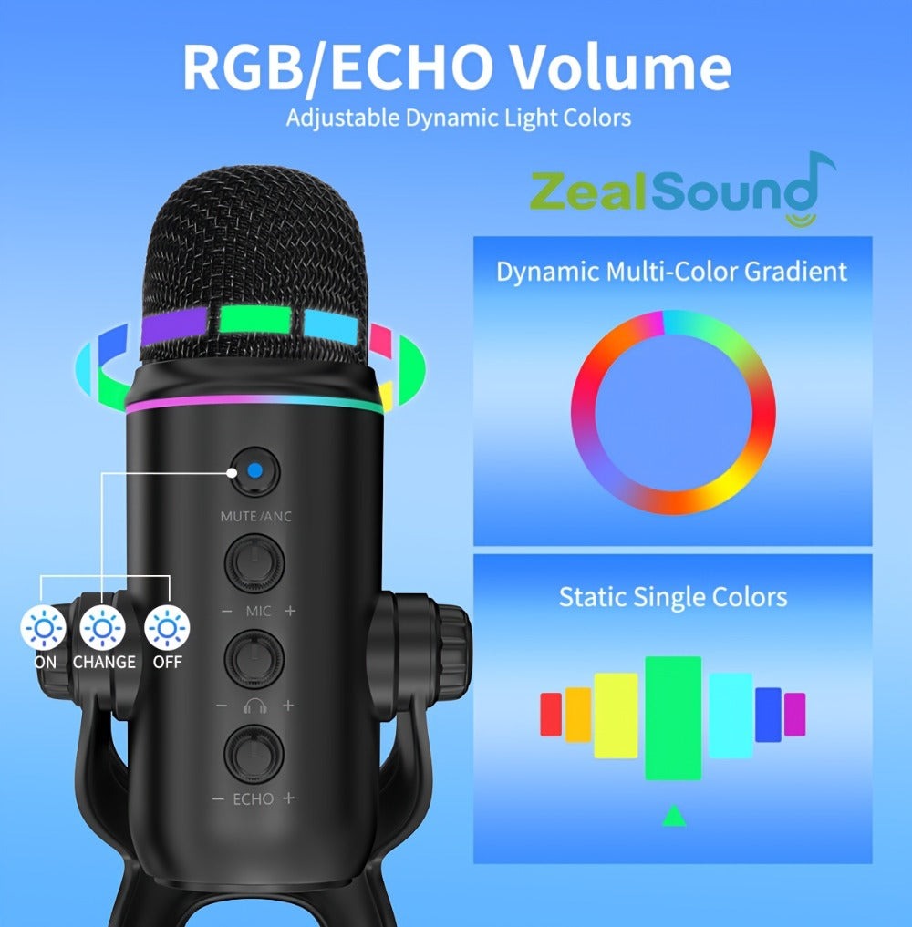 Micrófono Gaming Condensador USB Zealsound, Mic RGB Plug and Play con Reducción de Ruido, Control de Ganancia Silencio y Reverb, Jack de Monitor de 3.5 mm para PC, Teléfono, Transmisión en Vivo, Grabación de Podcast