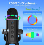 Micrófono Gaming Condensador USB Zealsound, Mic RGB Plug and Play con Reducción de Ruido, Control de Ganancia Silencio y Reverb, Jack de Monitor de 3.5 mm para PC, Teléfono, Transmisión en Vivo, Grabación de Podcast