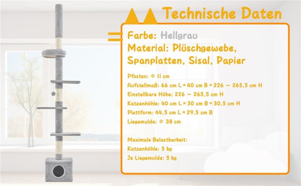 Árbol para gatos Costoffs de techo alto, altura ajustable de 226 cm a 266 cm, poste rascador multinivel con cama para gatos, plataformas y caseta