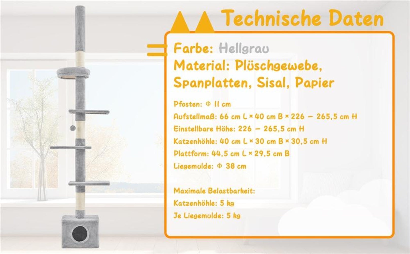 Árbol para gatos Costoffs de techo alto, altura ajustable de 226 cm a 266 cm, poste rascador multinivel con cama para gatos, plataformas y caseta