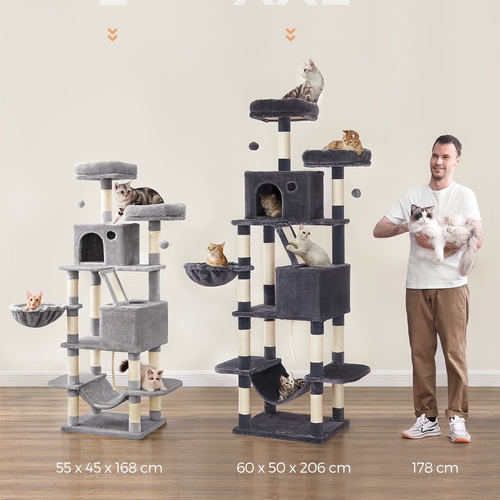 Torre rascadora para gatos 206 cm | Juego descanso y cuidado de las uñas