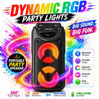 Altavoz inalámbrico portátil para fiestas con altavoces duales de 3 pulgadas, bajos profundos potentes, radio FM, luces ambientales LED y micrófono incorporado, altavoz de exterior de alto volumen para fiestas de verano, barbacoas en el jardín, camping, v