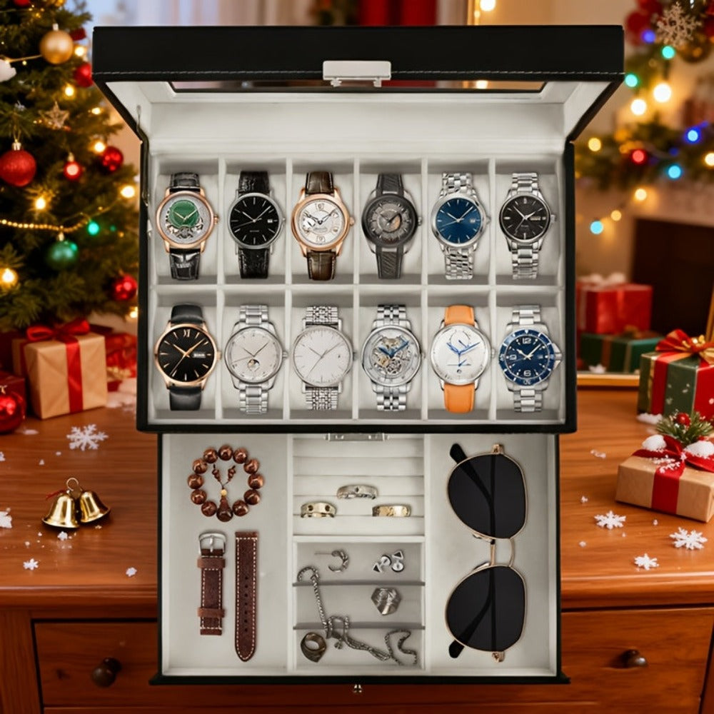 Caja de almacenamiento para relojes de 10/12 ranuras, caja de almacenamiento de doble capa, caja de almacenamiento de joyas, regalo del Día de la Madre, regalo del Día del Maestro, regalo ideal para el Día del Padre - Suministros de embalaje Jewelrynd