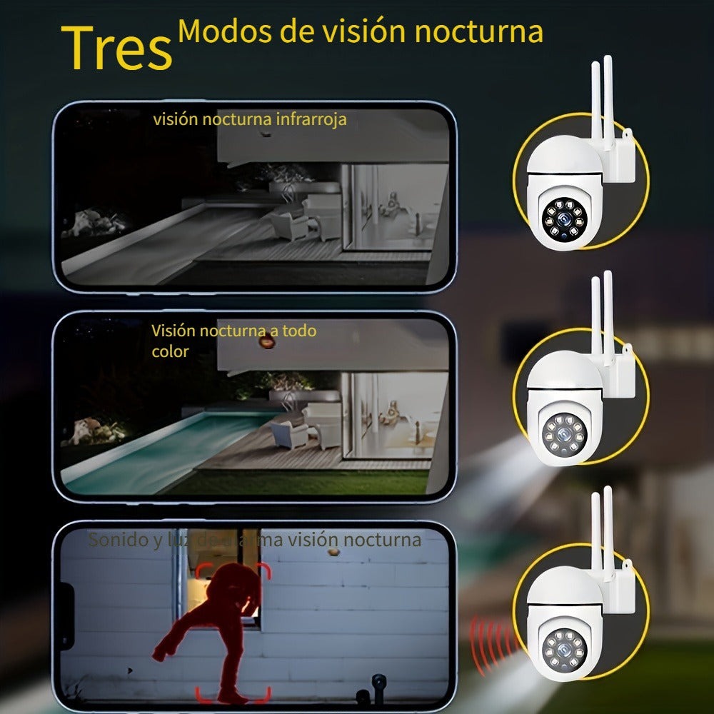 3 cámaras de seguridad Ease Life 1080P para exteriores con vista panorámica/tilt de 360° para seguridad en el hogar y exteriores con visión nocturna a color, detección de movimiento, audio bidireccional, Wi-Fi de 2.4Ghz, tarjeta de memoria y servicio en l